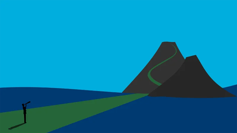 Illustration of a person standing in a stylized blue and green landscape, looking through binoculars as mountains ahead, feet on a green path that continues up the mountain. Symbolizes looking at the year ahead with Jamf.