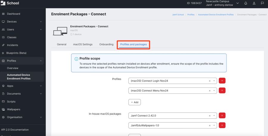 Profiles and packages tab in an ADE profile