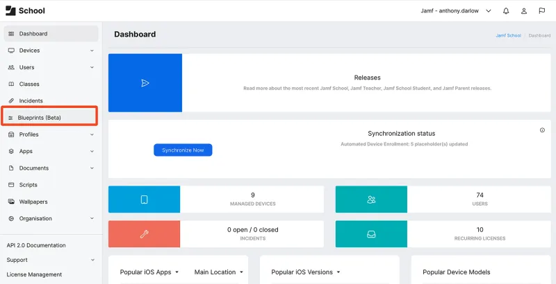 Screenshot of beta version of Jamf School's blueprints dashboard.
