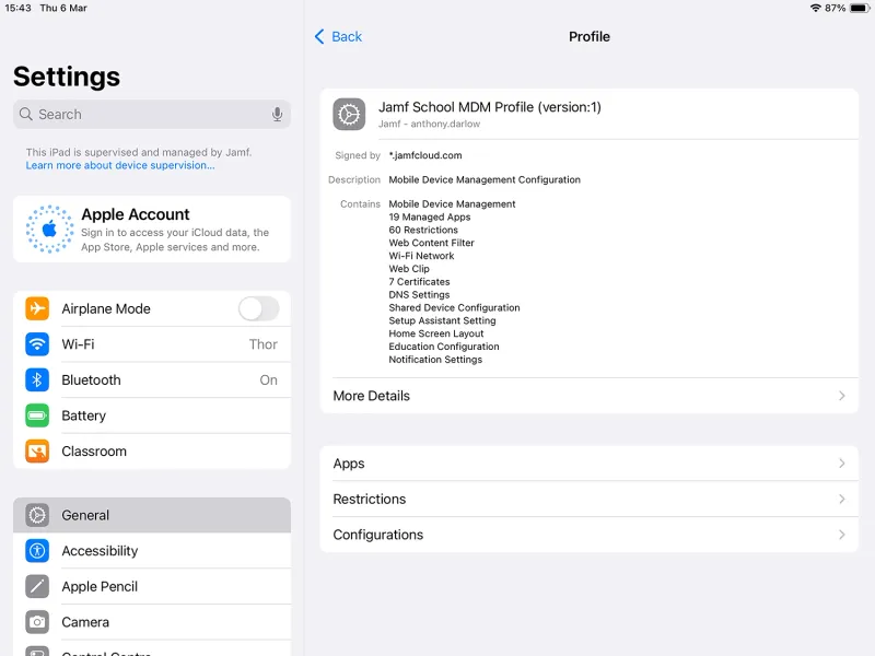 Screenshot of general settings for an MDM profile.