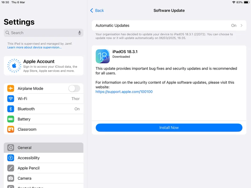 General settings screen with updates selected and blue 'install now' button.