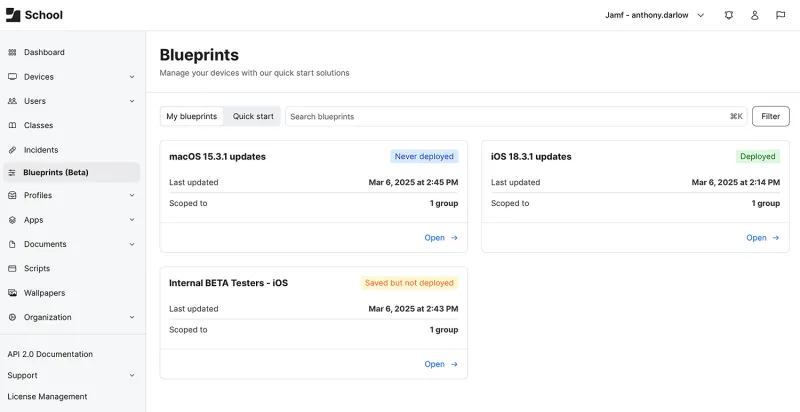 Screenshot displays three blueprints: one deployed, one changed, and one never deployed.