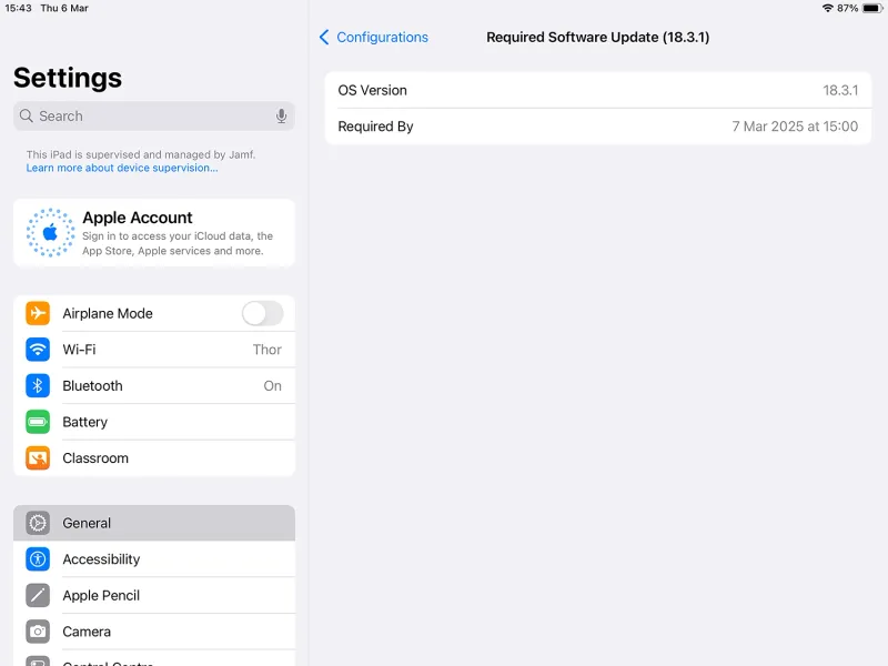 Screen of settings for a specific required update: the OS version and the deadline.