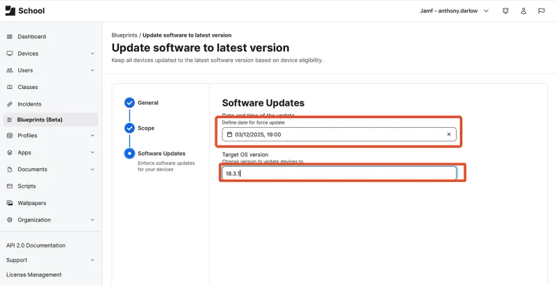 Update to latest OS modal in Jamf blueprints with date and OS version options
