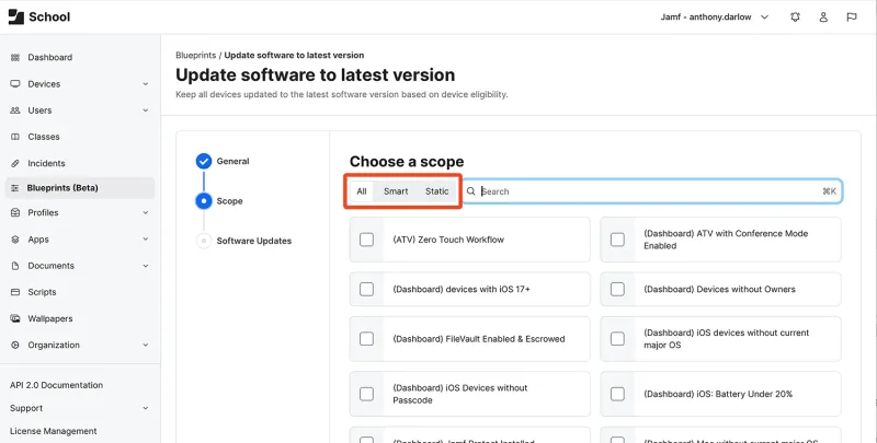 Update to latest OS modal in Jamf blueprints with scope tabs
