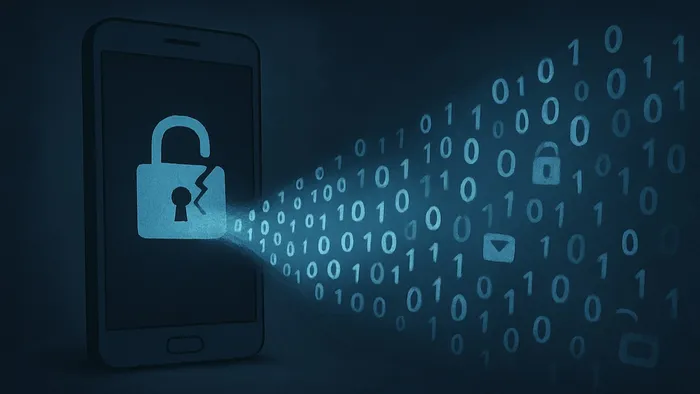 Dark, moody illustration of a mobile phone with a broken lock on the screen and 0s and 1s coming out of the lock, representing lost user data