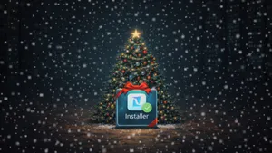 A lit Christmas tree is in the foreground of a dark room. A present lays at its base, emblazoned with a malicious app's icon