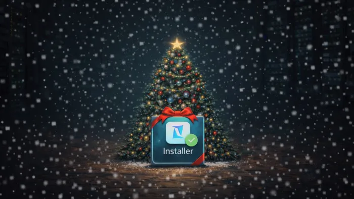 A lit Christmas tree is in the foreground of a dark room. A present lays at its base, emblazoned with a malicious app's icon