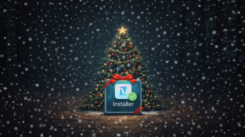 A lit Christmas tree is in the foreground of a dark room. A present lays at its base, emblazoned with a malicious app's icon