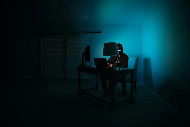A dark room with a computer on a desk in the corner; the screen illuminates the face of a hooded figure with a mask
