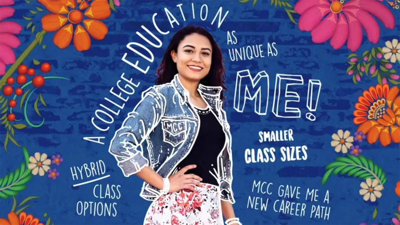 Student at Mesa Community College against a bright, hopeful background.