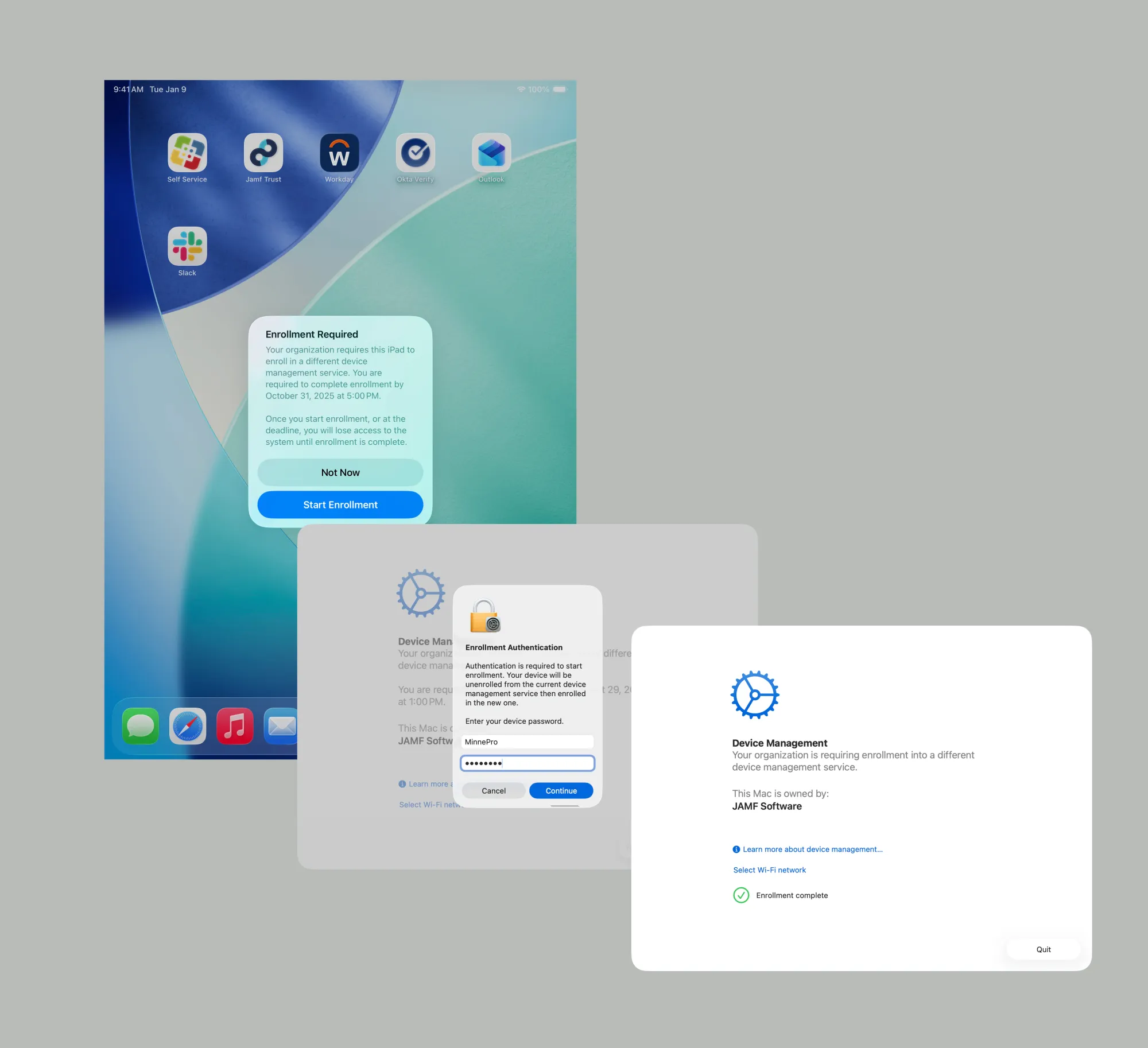 User view of the migration process from initial required migrate screen, to accepting the migration, to the announcement that the migration is complete.