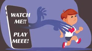 An embodied cell phone reaches for a child's heart who is running away. On the screen: WATCH ME!!! PLEASE MEEE!