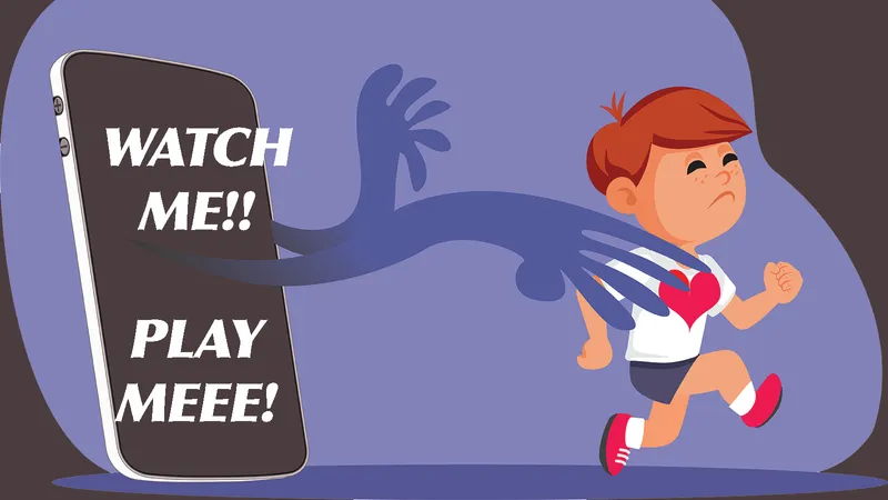 An embodied cell phone reaches for a child's heart who is running away. On the screen: WATCH ME!!! PLEASE MEEE!
