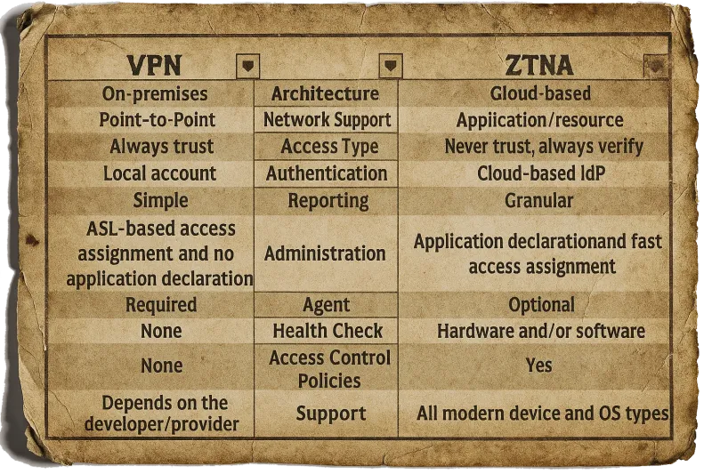 Comparison between VPN and ZTNA.