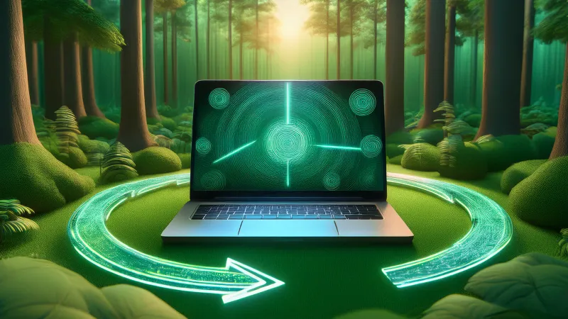 A MacBook in a forest, surrounded by an arrow indicating lifecycle.