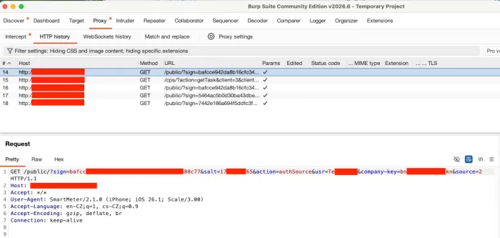 Log showing that Smart-Meter transmits login credentials in plaintext.