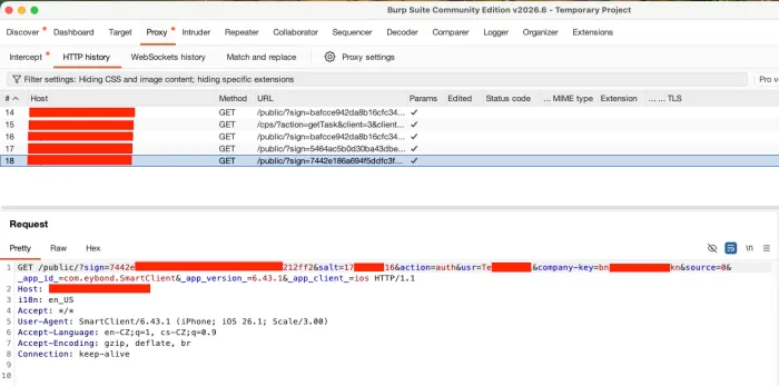 Log showing that SmartClient for Solar transmits login credentials in plaintext.
