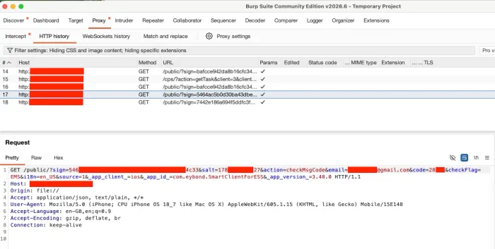 Log displaying that SmartESS transmits user registration data in plaintext.