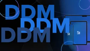 A MacBook, an iPad, and an iPhone with the Jamf logo on the screens, superimposed with the letters DDM