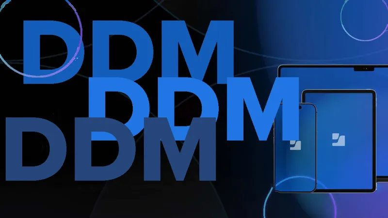 A MacBook, an iPad, and an iPhone with the Jamf logo on the screens, superimposed with the letters DDM