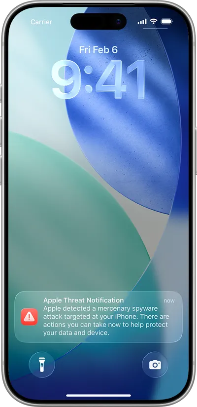 An Apple threat notification as it appears on the Lock Screen. Source: Apple Support.