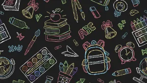 Chalk-style backpacks, pencils and other school-related items against a black background