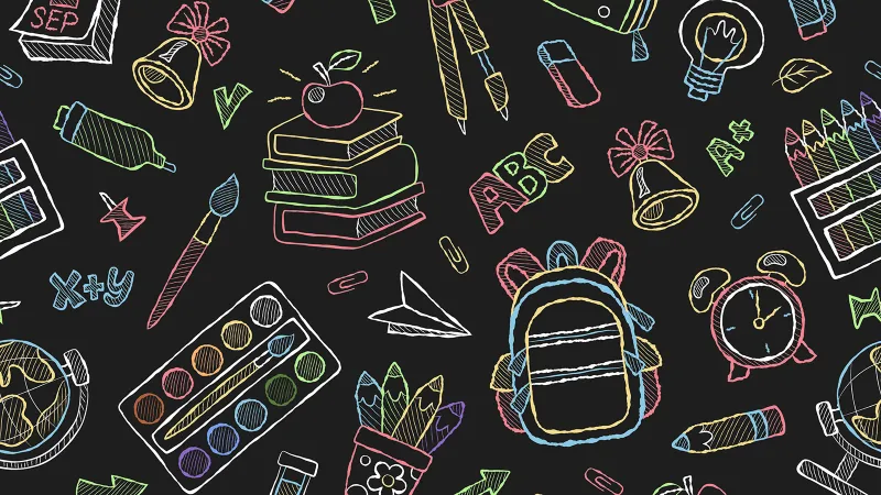Chalk-style backpacks, pencils and other school-related items against a black background
