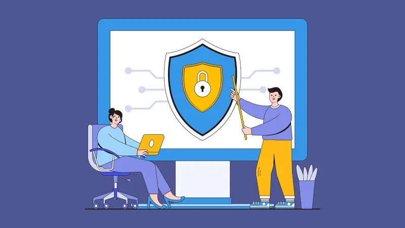 Brightly-colored illustration of two people and an enormous laptop; one holds an arm up toward the image on the screen, which is a shield with a padlock on it while the other takes notes in a MacBook.