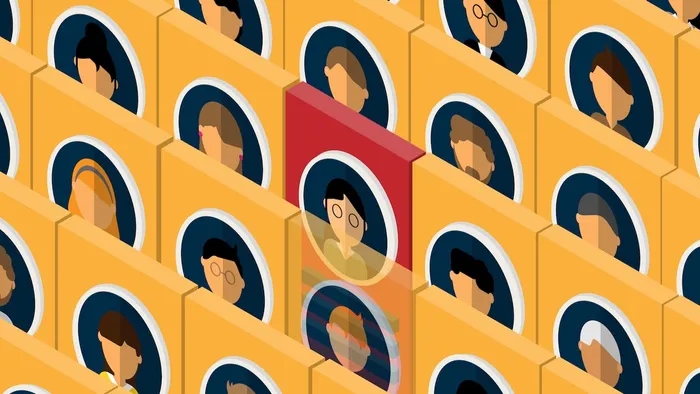 Array of abstract portraits, aligned at a 3/4 view. One portrait is highlighted as the selected person