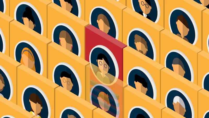 Array of abstract portraits, aligned at a 3/4 view. One portrait is highlighted as the selected person