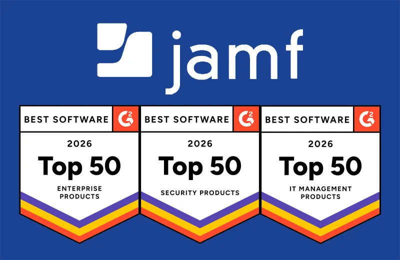 The Jamf logo above the following 2026 G2 badges: Top 50 Enterprise, Top 50 IT Management, and Top 50 Security