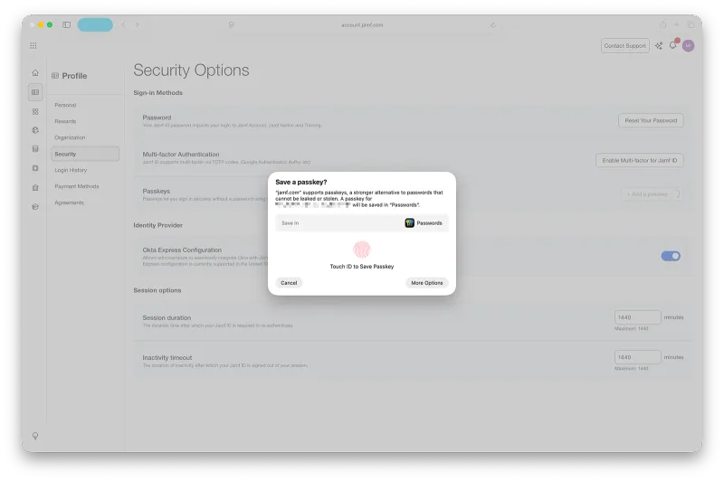 Jamf passkey popup prompt to set up passkeys in your Apple fleet