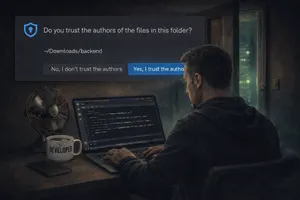 A developer working on a laptop with a Jamf security prompt overlay asking, 'Do you trust the authors of the files in this folder?