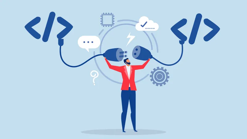 Illustration of a person in blue pants and a red jacket wearing a beard plugging two cords together from different locations to symbolize connecting Mac and PC, Windows and macOS.