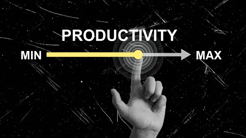 PRODUCTIVITY over a slide picker; a hand is pushing the slide picker from MIN to MAX