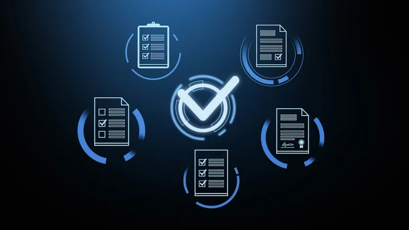 5 document icons orbiting a large checkmark, all on a dark blue background