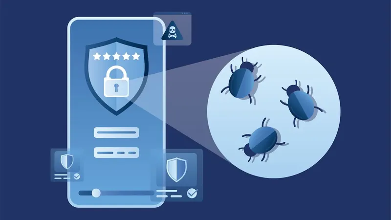 Monochrome illustration of an Android phone with a lock on its screen; upon closer inspection there are bugs in the lock