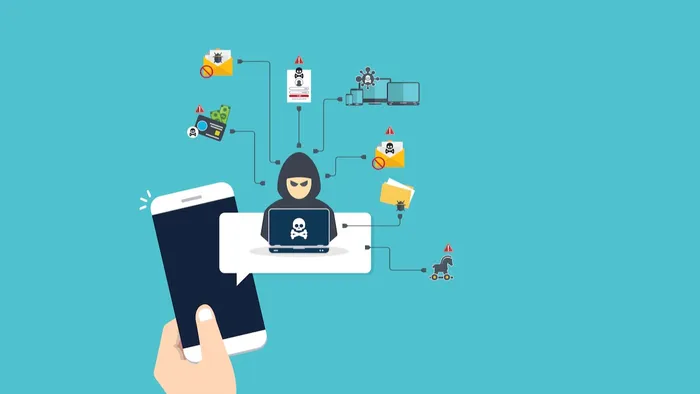 Illustration: an attacker in a speech bubble comes out of a mobile phone