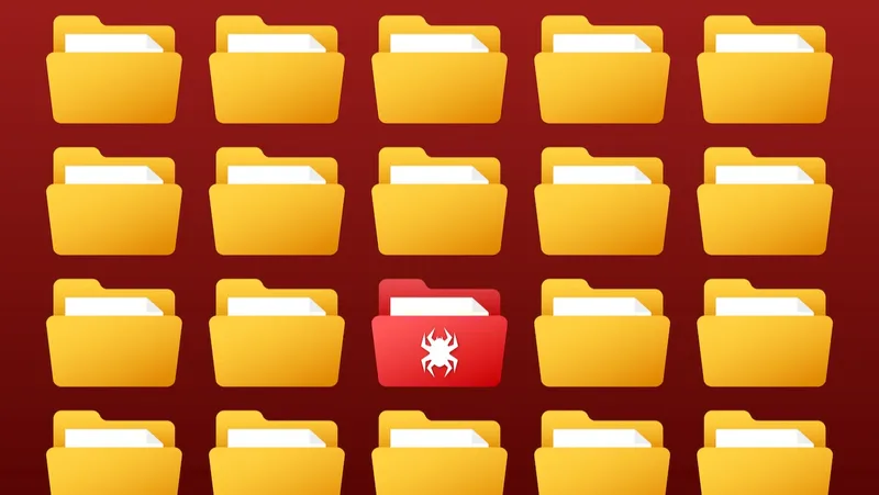 Array of yellow folders with one exception: a red one in the center with a bug embossed on it