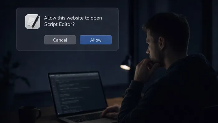 A person uses a computer while in a dark room. A prompt shows up asking if a website can open Script Editor