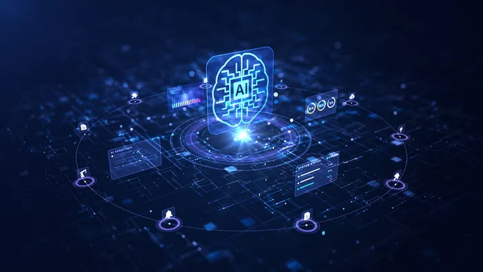 Illustration of a glowing blue brain in the center, with AI written on it