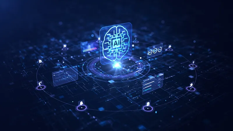 Illustration of a glowing blue brain in the center, with AI written on it