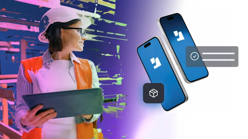 A deskless worker: a woman in a hardhat and safety vest is turned toward images of mobile devices.