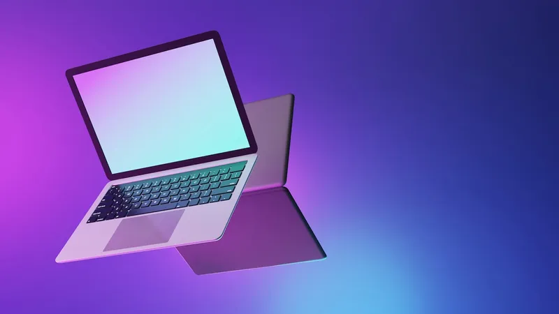 Rendering of an open laptop computer, suspended in air, with a bright abstract background