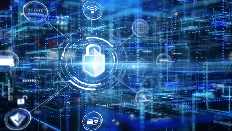 Stylized computer screen with security icons