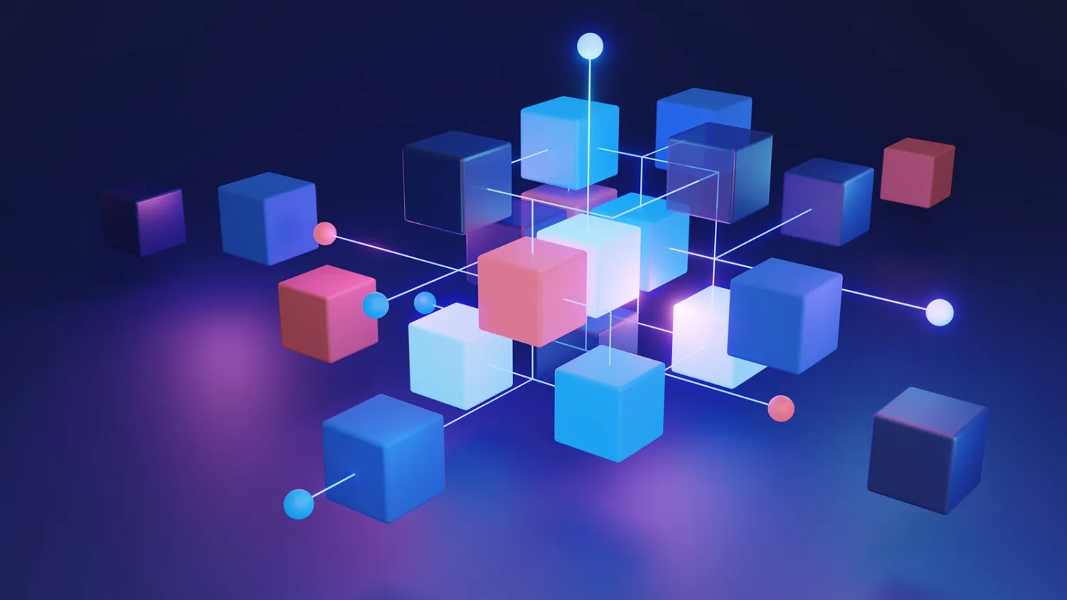 Illustration of distributed device management as a series of independently-function, networked cubes.
