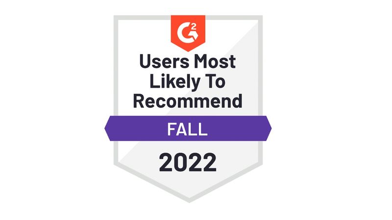 G2 badge reading users most likely to recommend fall 2022.