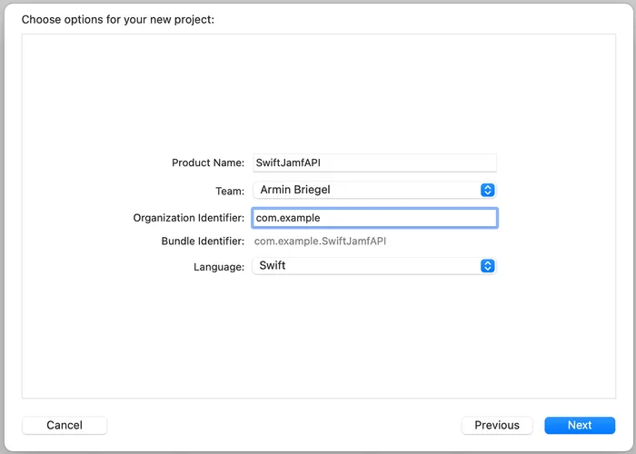 Xcode new project title screen.