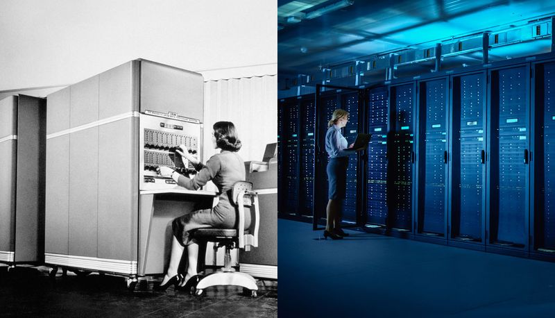 Split image, on left: woman working on obsolete mainframe from the 50's; right: woman working on a modern datacenter.